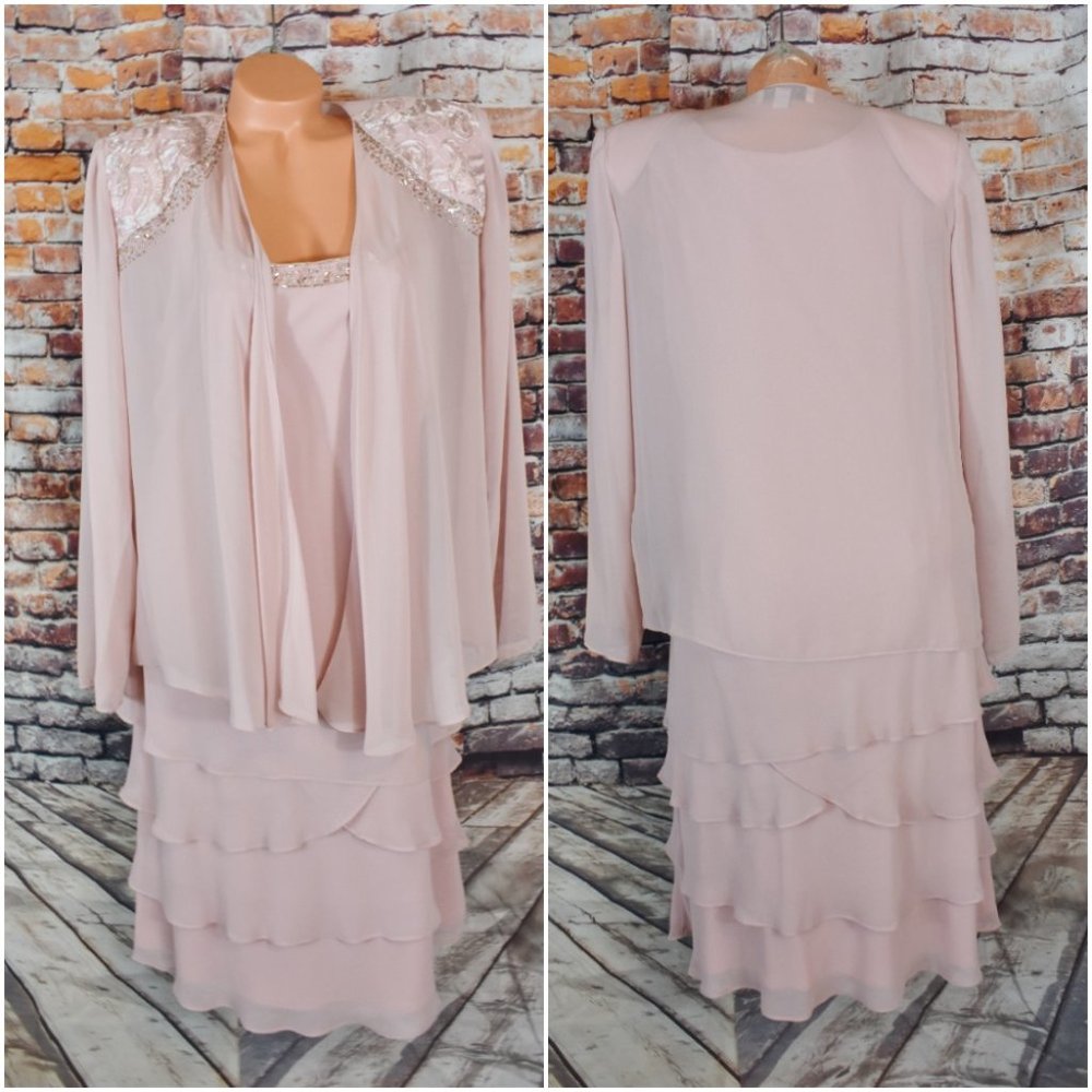 S.L. Fashions 2Pc Sz 14 Embellished Tiered Jacket Dress Faded Rose